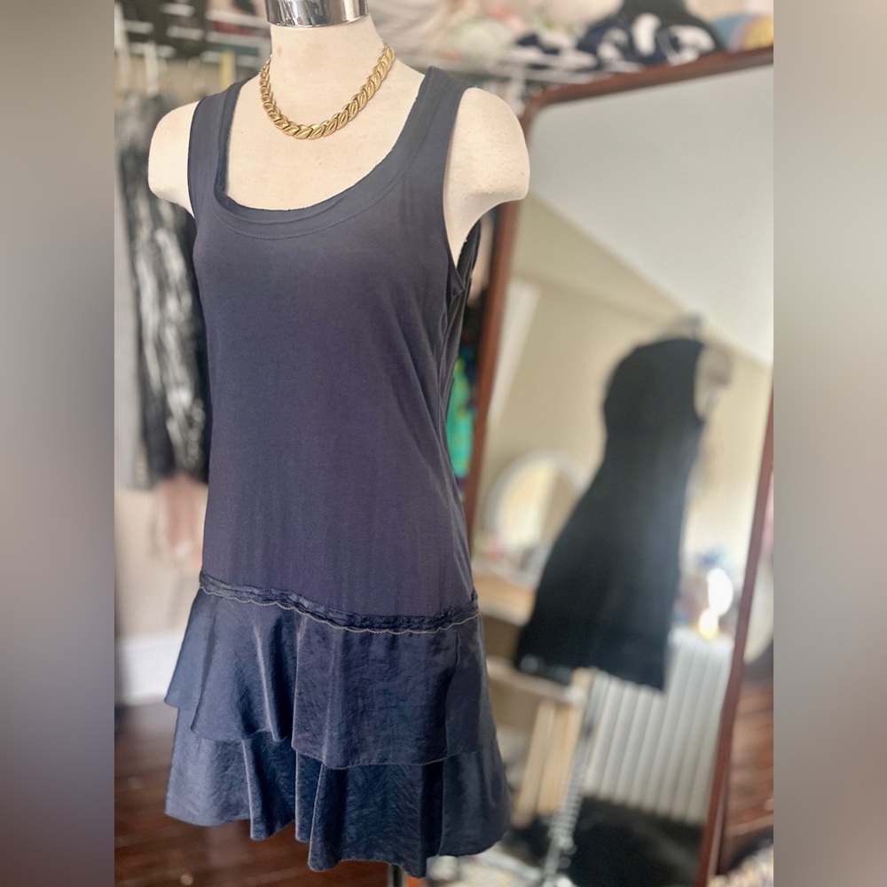 LOFT Black Tiered Ruffle Tank Dress, Silk and cotton with brass chain detailing.